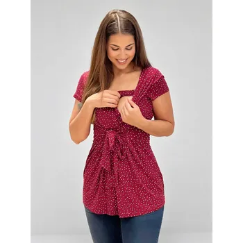 Elegantní těhotenská a kojicí halenka Gissa 3v1 – bordó s puntíky, krátký rukáv Velikost: XL