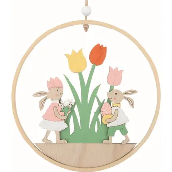 Velikonoční dekorace Velikonoční dekorace Zajíci v kruhu dřevěná 16 x 16 x 1 cm na zavěšení