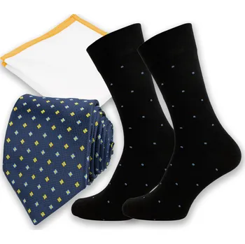 Tmavě modrý pánský set se žlutými detaily – kravata, kapesníček a ponožky