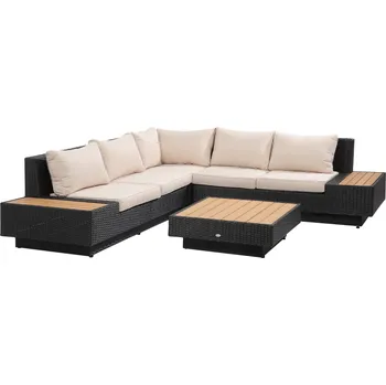 Zahradní sestava Outsunny Zahradní sestava pro 4 osoby s policemi a odkládacím stolkem včetně podsedáků, černá, ideální na terasu a balkon