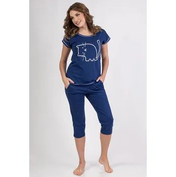 Dámská móda Regina Bavlněné dámské pyžamo Mici modré s kočkou Velikost: S