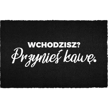 Rohožka KOKOSOVÁ ROHOŽKA 40X60 ČERNÁ NA DVEŘE S HUMOROVÝM NÁPIS KÁVA = ÚVOD.
