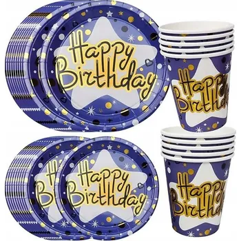 Party nádobí Papírové talířky a kelímky, nádobí na narozeniny, modré, sada 30 ks