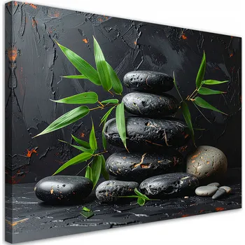 Obraz Obraz do obýváku ložnice, Černé zen kameny spa listy na černém pozadí 60x40