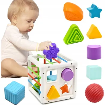 Hračka pro nejmenší Kostka Edukacyjna – Senzorická hračka Montessori pro děti, třídič tvarů s gumičkami
