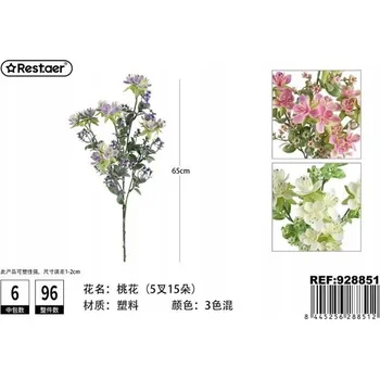 umělá květina Rest.aer - Jednotlivá větvička s 5 větvemi a 15 květy broskvoně