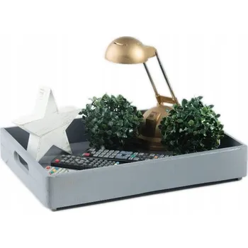 Vysoký dřevěný tác, 40x30x6 cm servírovací podnos s úchyty šedý