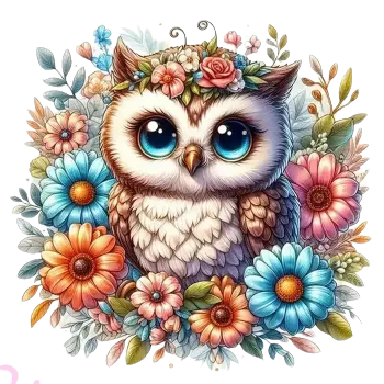 Nažehlovací obrázek - sovička a kytky (18,0 x 18,0 cm)