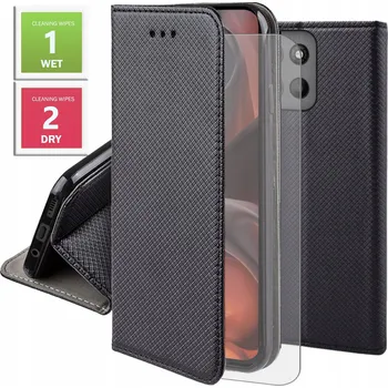 Pouzdro na mobilní telefon Flipové pouzdro pro Motorola Moto G15 černé s funkcí stojánku + sklo 9H