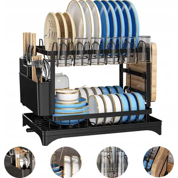 Odkapávač na nádobí 2-PATROVÝ STOJAN NA SUŠENÍ NÁDOBÍ ODKAPÁVAČ VELKÝ NA KUCHYŇSKOU DESKU ČERNÝ