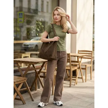 Dámské tričko Sinsay - Bavlněné tričko z hustého interlockového úpletu - khaki - 231HB-06X - 231HB-06X-M