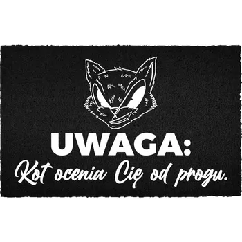 KOKOSOVÁ ROHOŽKA 40X60 ČERNÁ KE DVEŘÍM S VTIPNÝM NÁPIS KOČKA UŽ TĚ HODNOTÍ