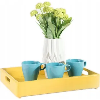 Vysoký dřevěný tác, 40x30x6 cm servírovací podnos s úchyty žlutý