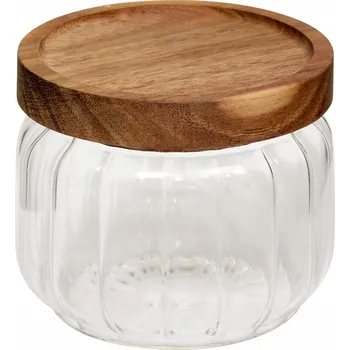 Dóza na potraviny SKLENĚNÁ NÁDOBA NA POTRAVINY 300 ML S DŘEVĚNÝM VÍKEM 9X8,5 CM