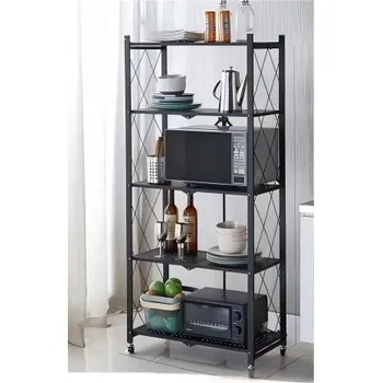 regál KOVOVÝ REGÁL S 5 POLIC, AUTOMATICKY SKLÁDACÍ, STOJAN NA KOLEČKÁCH, ČERNÝ