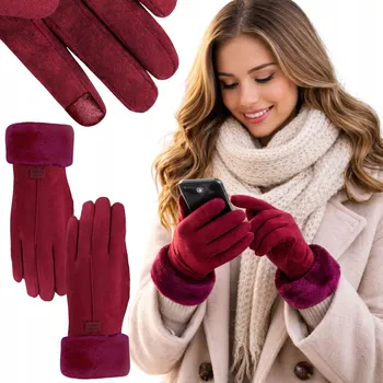 Rukavice DÁMSKÉ ZIMNÍ RUKAVICE DOTYKOVÉ ZATEPLENÉ S KOŽÍŠKEM SEMIŠOVÉ ČERVENÉ