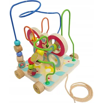 Dřevěná hračka DŘEVĚNÝ LABYRINT NA KOLEČKÁCH MOTÝL PROPLÉTÁNÍ SMYČKA K TAHÁNÍ HRAČKA