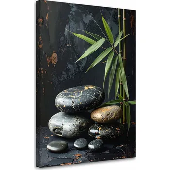 Obraz Obraz do obýváku ložnice, Černé zen kameny spa listy na černém pozadí 30x45