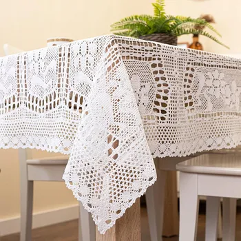 ubrus Bílý bavlněný ubrus obdélníkový s krajkou a výšivkou 140x220 cm, BOHO styl