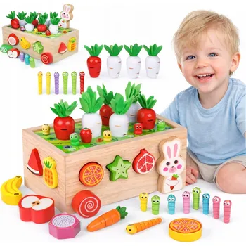 Dřevěná hračka Montessori Hračka Třídič Kostek Chyť Červa Dřevěný Vozík Mrkve