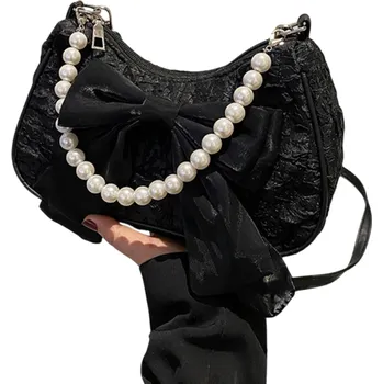 Kabelka Dámská kabelka s mašlí 23 x 8 x 15 cm Bavlna a polyester Perlová rukojeť Elegantní společenská kabelka do ruky černá