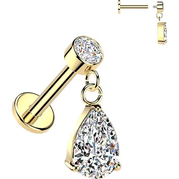 Piercing Šperky4U Zlacený piercing do ucha - labreta se zavěšeným kamínkem - LB1151-GD
