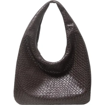 Dámská vintage taška 36 x 2 x 23 cm Umělá tkaná kůže a polyester Retro vzhled Plochá elegantní taška na rameno hnědá