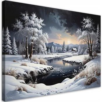 Obraz Obraz do obýváku, jídelny, kanceláře, Zimní krajina se sněhem, řekou a stromy 30x20