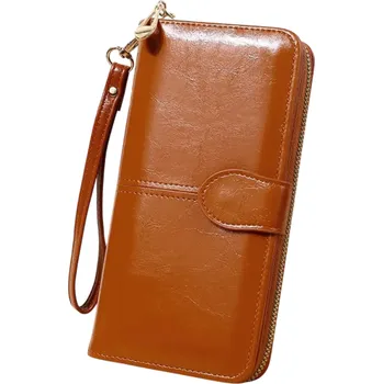 Peněženka Dámská rozkládací peněženka na zip 10 x 19,5 x 3,5 cm Velká kapacita Syntetická kůže olejovitý vzhled Náramkové pouto khaki