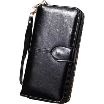 Peněženka Dámská rozkládací peněženka na zip 10 x 19,5 x 3,5 cm Velká kapacita Syntetická kůže olejovitý vzhled Náramkové pouto černá