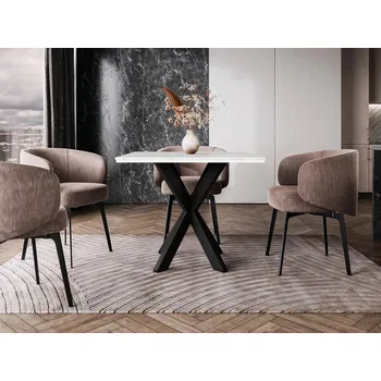 Jídelní stůl Designový jídelní stůl 90x90 MUKILTEO - mramor bílý / lesklý bílý / černý