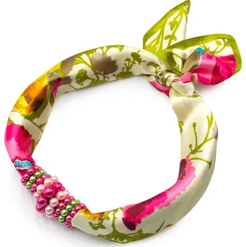 Šátek Magotex Šátek s bižuterií Letuška - béžovo-zelený s květinovým potiskem