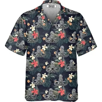 Pánská košile Pánská košile krátký rukáv Polyester Černá barva Znaky a květinové motivy Zapínání na knoflíky s límečkem 3XL