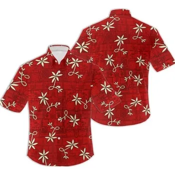Pánská košile Pánská košile krátký rukáv Polyester Červená barva Květinový vzor Zapínání na knoflíky s límečkem pro letní dny XXL