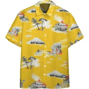 Pánská košile Pánská košile krátký rukáv Polyester Žlutá barva Přírodní motivy Zapínání na knoflíky s límečkem pro letní nošení S