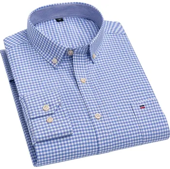 Pánská košile Pánská košile dlouhý rukáv Bavlna Modrá barva s kostkami Zapínání na knoflíky s límečkem a kapsičkou pro každý den 5XL