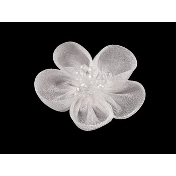 Organzový květ s broušenými korálky k našití a nalepení Ø4,5 cm, barva 2 (1) bílá