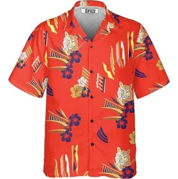 Pánská košile Pánská košile na knoflíky s límečkem Krátký rukáv Polyester Červené provedení s květinovými motivy a tygry M