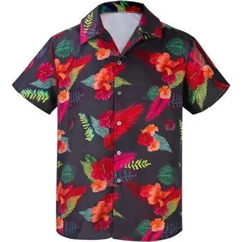 Pánská košile Pánská košile na knoflíky s límečkem Krátký rukáv Polyester Černé provedení s květinami a peřím pro volný styl 3XL