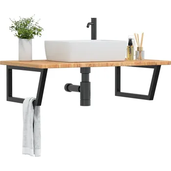 Koupelnový nábytek Deska pod umyvadlo nástěnná ocel a masivní dubové dřevo Hnědá 3302483