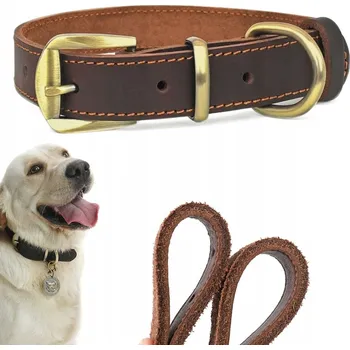 Obojek pro psa KOŽENÝ OBROŽEK PRO PSA HNĚDÝ SILNÝ kovová PŘEZKA HOVĚZÍ KŮŽE M