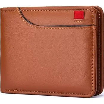 Peněženka Mini pánská prošívaná peněženka Kompaktní formát Syntetická kůže Červená nášivka Lehká peněženka na karty a bankovky hnědá