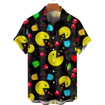 Pánská košile Pánská košile krátký rukáv Polyester Černá barva Motivy pac mana a třešní Zapínání na knoflíky s límečkem 3XL