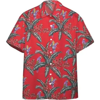 Pánská košile Pánská košile krátký rukáv Polyester Červená barva Motivy palem a papoušků Zapínání na knoflíky s límečkem 3XL