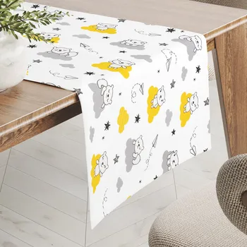 ubrus Dětský bavlněný běhoun na stůl Sandra SA-725 Medvídci na žluto-šedých mráčcích na bílém 20x140 cm