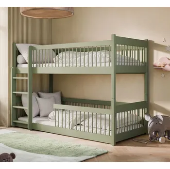 Dětská postel Dětská patrová postel s Montessori lůžkem z masivu borovice BOLEK - 200x90 cm - OLIVOVĚ ZELENÁ