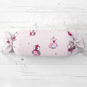 Dekorativní polštářek Dětský polštář válec bonbon Sandra SA-726 Růžové sovičky na bledě růžovém 15x40 cm