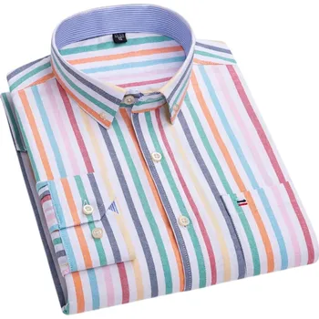 Pánská košile Pánská košile dlouhý rukáv Bavlna Barevné pruhy Zapínání na knoflíky s límečkem a kapsičkou pro každodenní styl XL