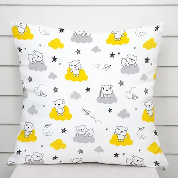 Povlak na polštářek Dětský bavlněný povlak na polštář Sandra SA-725 Medvídci na žluto-šedých mráčcích na bílém 35 x 45 cm