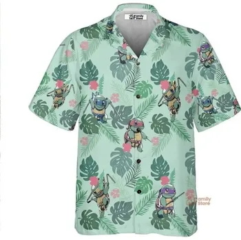 Pánská košile Pánská košile na knoflíky s límečkem Krátký rukáv Polyester Zelené provedení s přírodními motivy a želvím ninjou XL